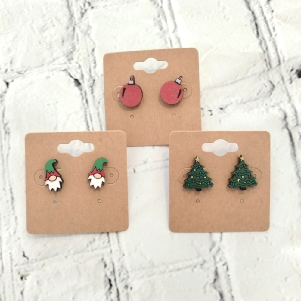 3 Sets!! Hand painted Christmas Wood Stud Earrings Hypoallergenic